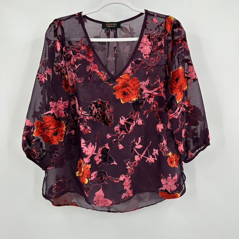 Womens Floral Whimsigoth Burnout Velvet Top Size M Romantic Sheer Artsy Bold